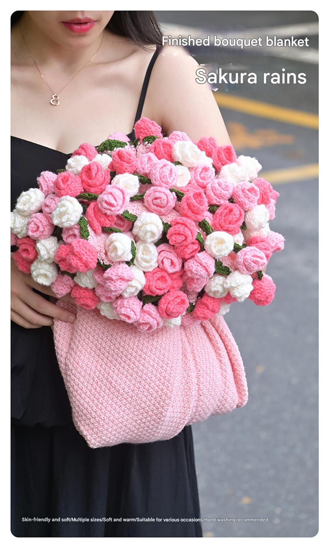 Pink and White Diameter: 160 cm -99 Woven Flowers Handmade Rose Bouquet Knit Blanket - Soft Pink Acrylic Throw with 3D Crochet Flowers - Perfect Gift for Her โ image 2