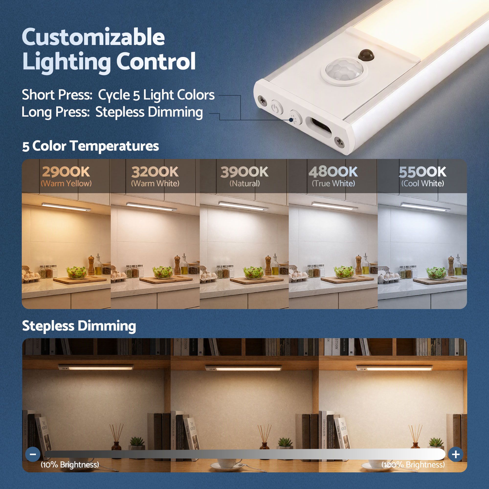 Artiss 4-Pack Motion Sensor Cabinet Lights, 30cm Dimmable LED Closet Light with 5 Colors, Type-C Rechargeable Magnetic Night Light with 5 Colors — image 4