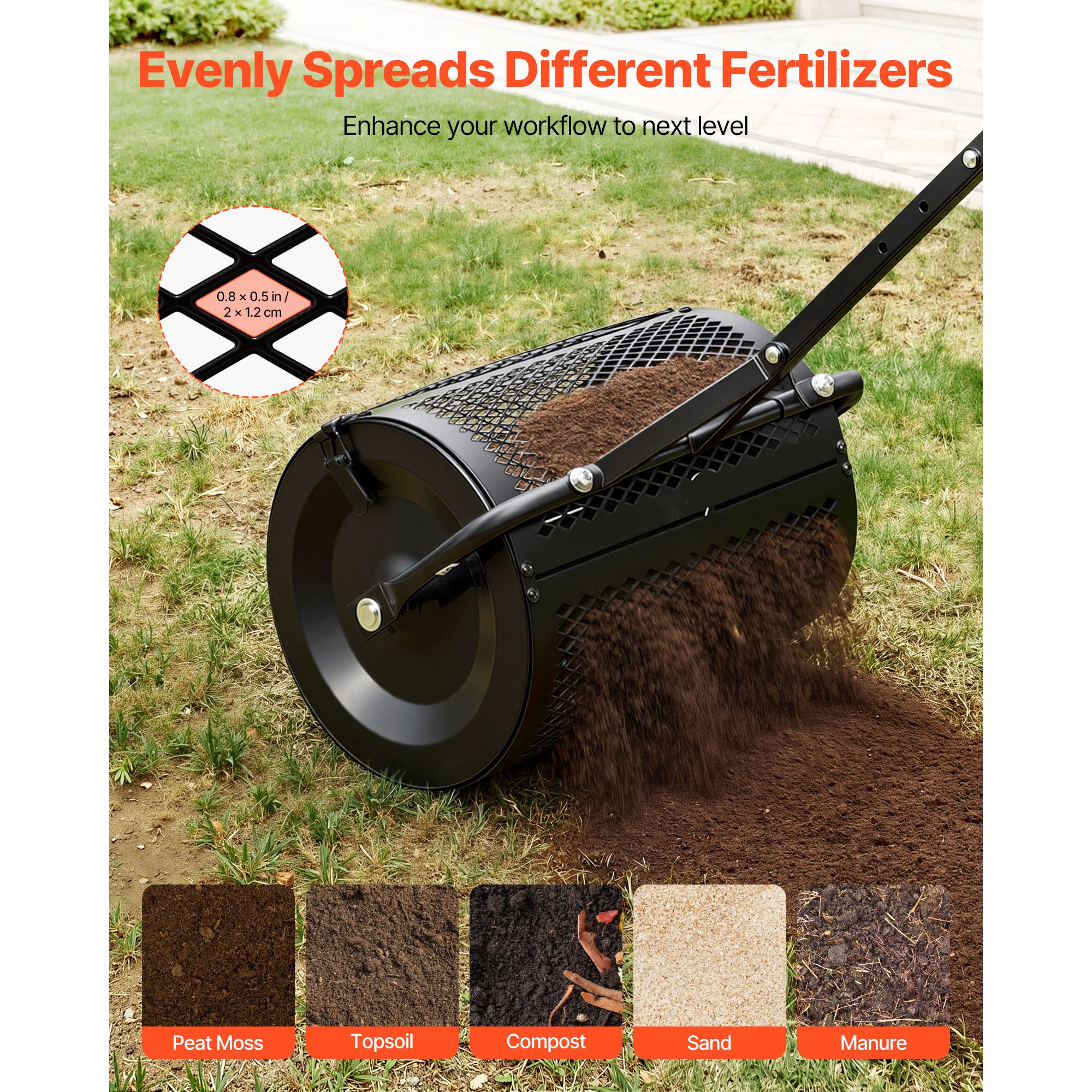 Compost Spreader, 42 cm Wide Peat Moss Spreader with T Shaped Handle, 3 Heights Adjustable, Powder-Coated Steel Garden Peat Moss Roller, Heavy Duty Grass Seed — image 3