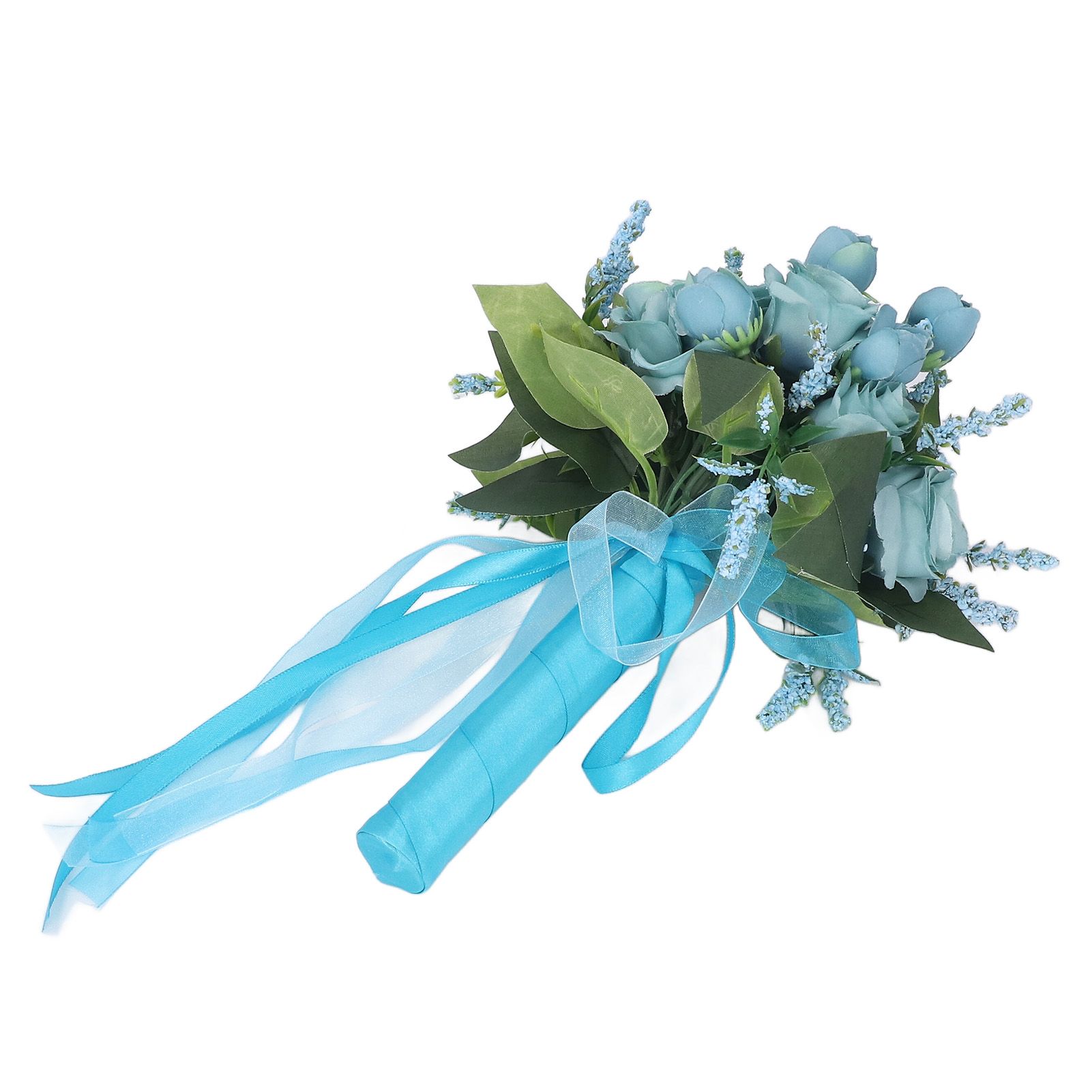 Wedding Bouquet Simulation Artificial Rose Lifelike Green Leaves Modern Elegant Rose for Wedding Church Home Decor Lake Blue — image 3