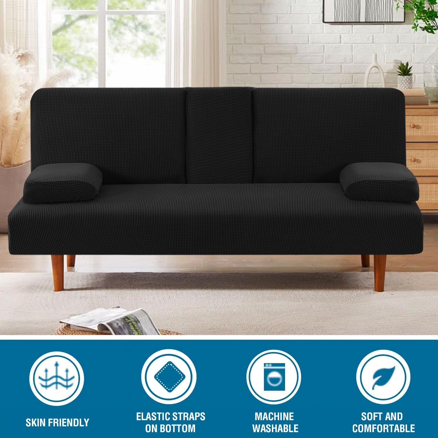 4 Pieces Stretch Futon Covers Sofa Bed Slipcover with Removable Armrests and Cupholders Covers Furniture Protector High Spandex Small Checks Jacquard Fabric — image 3