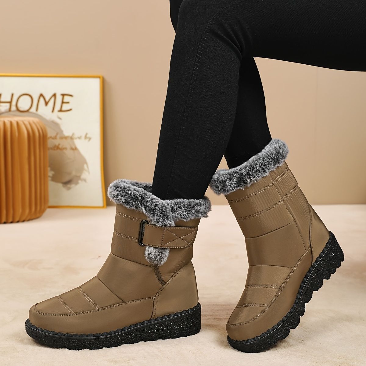 Women's Faux-Fur Trimmed Snow Boots - Yellow - Size 8(AU8/EU36) โ image 2