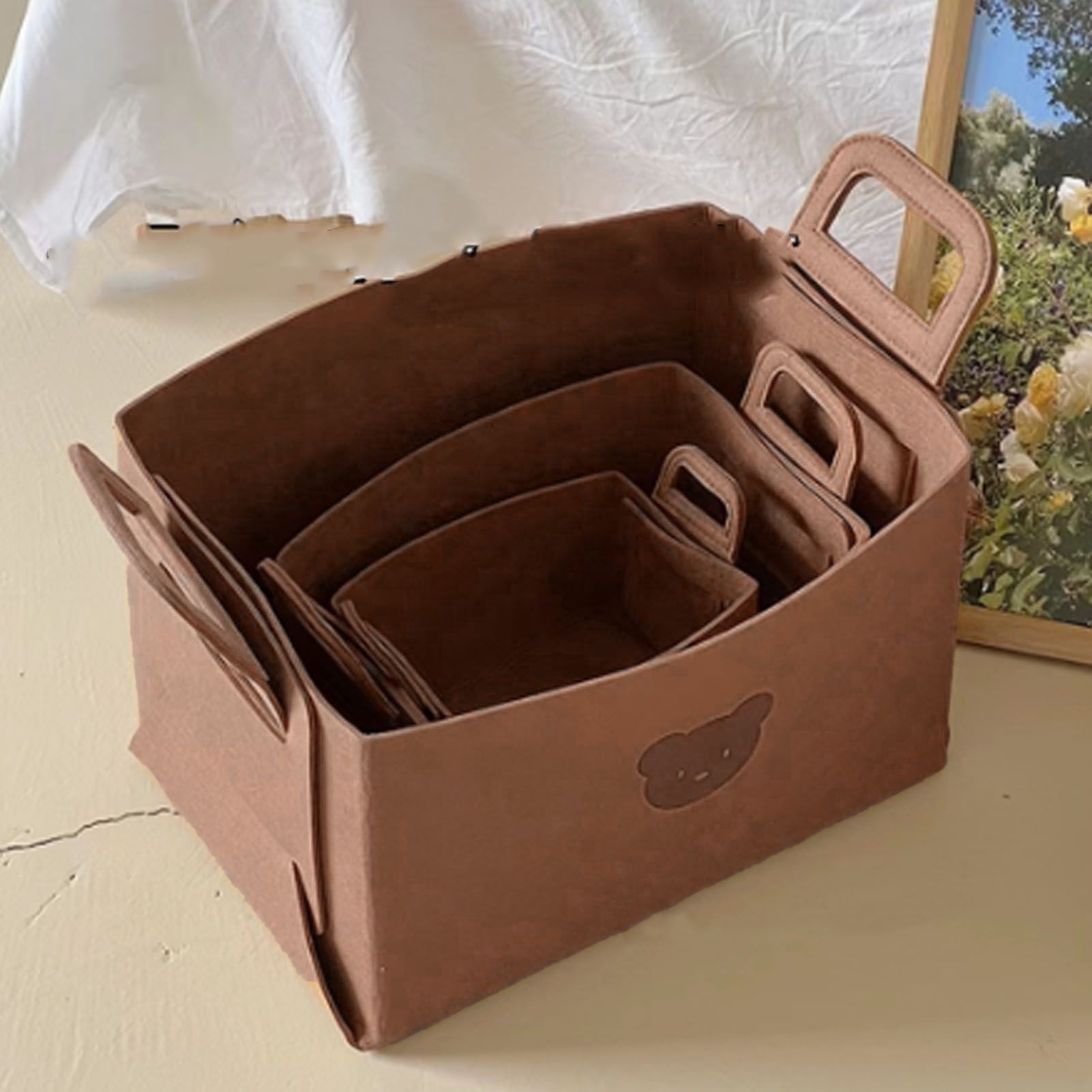 Felt Storage Basket with Handles Foldable Laundry Snacks Toys Clothes Bin for Home Desktop Bear Pattern Reddish Brown โ image 6
