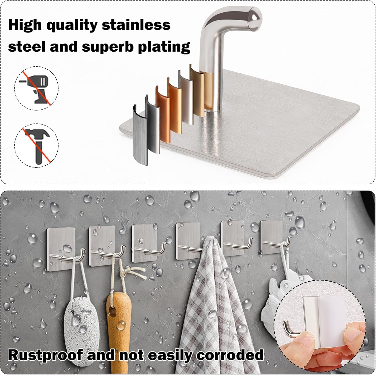 Livabber Adhesive Towel Hooks, 304 Stainless Steel Self Sticky Wall Hooks Waterproof Shower Hooks for Robe/Clothes, No Drilling Towel Hangers for Bathroom β image 3