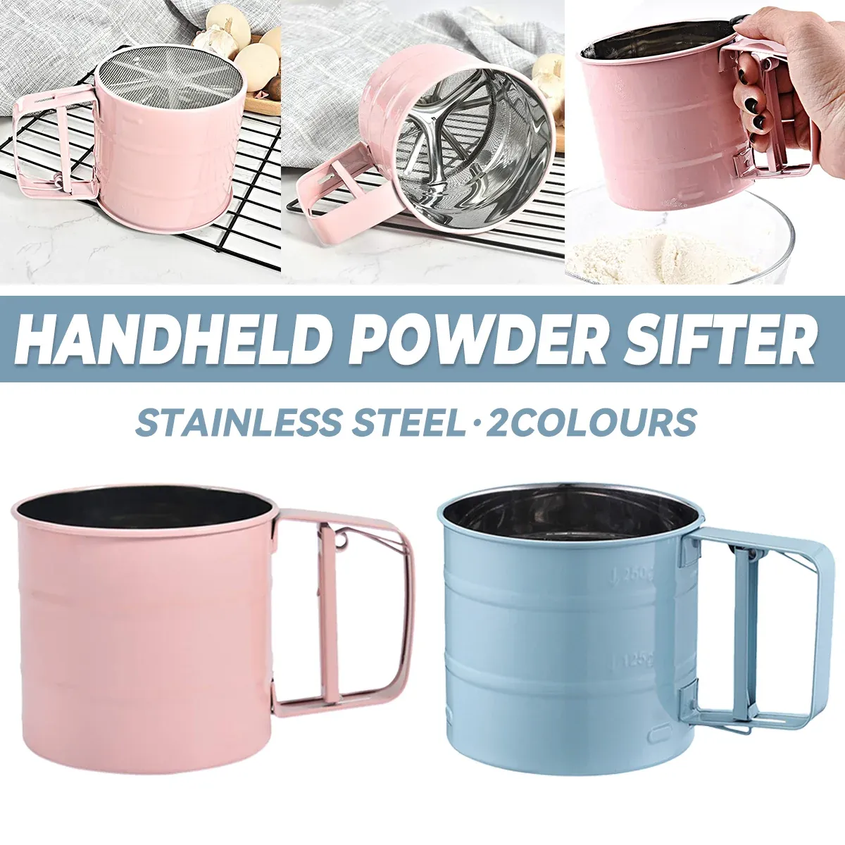 Hand Squeeze Mechanical Flour Sifter Stainless Steel One Hand Baking Sieve - Blue — image 2