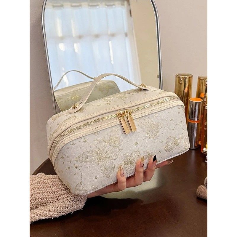 ✨ Large Capacity 3D Makeup Bag | Jacquard Fabric + Metal Zipper | Multi-Compartment Organizer, Fits Full Skincare & Makeup for Commute & Travel!/WHITE