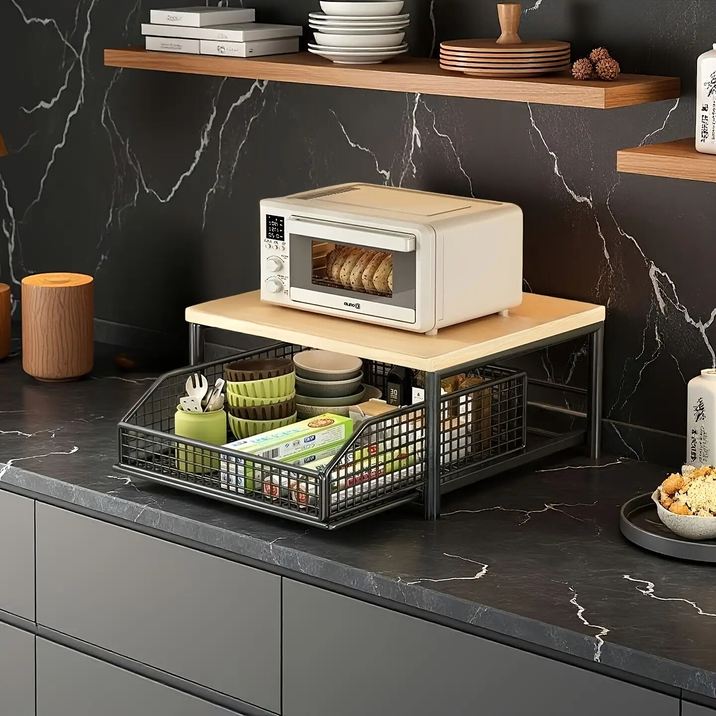 Modern Kitchen Microwave Shelf with Drawer: Sturdy and solid structure, designed to save counter space for storing appliances, utensils, dishes, and household — image 6
