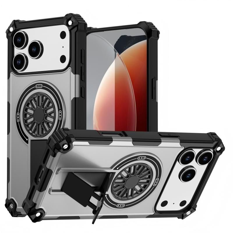 Armor Heavy Duty Magnetic Rotating Ring Kickstand Phone Case For iPhone 16 Pro Max, Anti-Drop Protective Cover In Silver