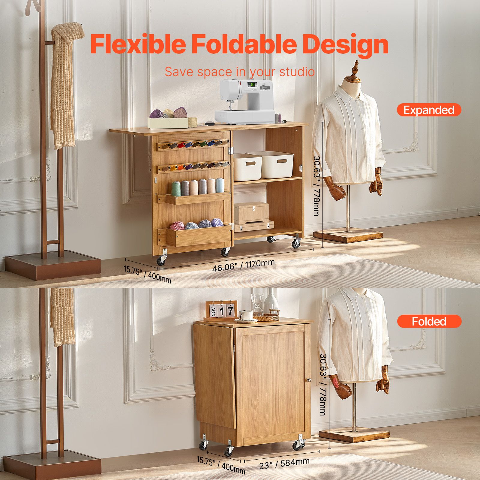 Folding Sewing Table with Lockable Wheels Shelves Trays Door Wood Color โ image 3