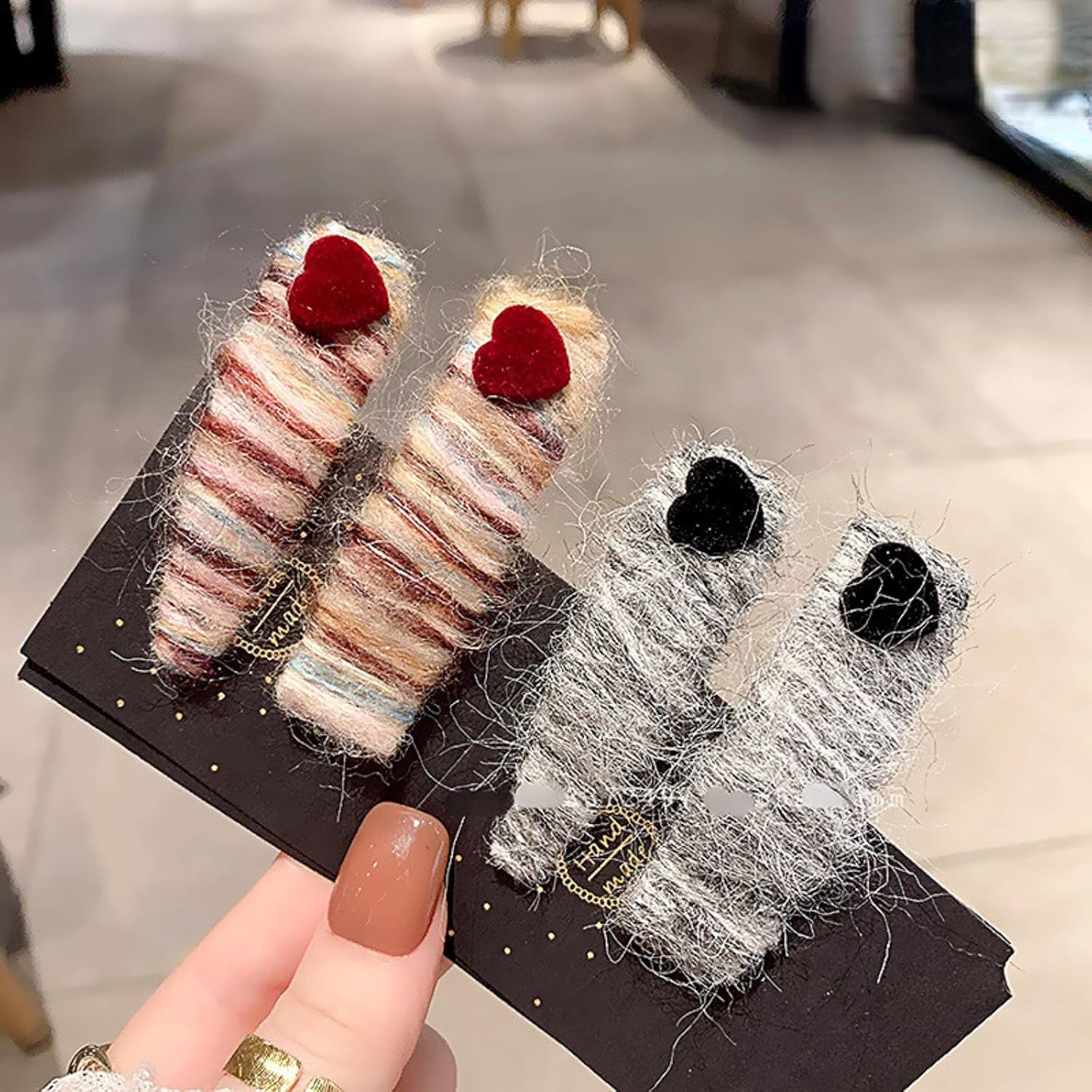 2 Pack Fuzzy Stripy Hair Clips with Velvet Heart for Women Winter, Classy Gray/Red Barrettes Korean Style Hair Pins (Grey) — image 5