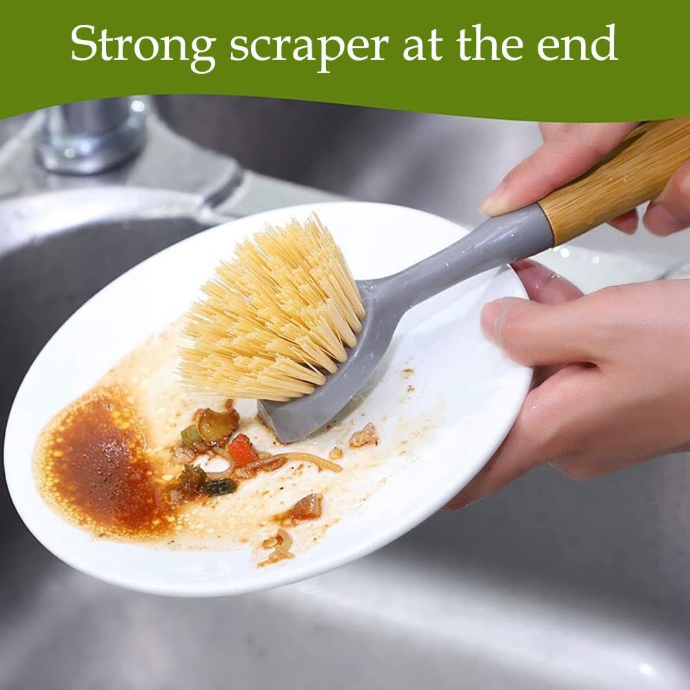 2 Pack Kitchen Dish Brush Bamboo Handle Dish Scrubber Built-in Scraper, Scrub Brush for Pans, Pots, Kitchen Sink Cleaning — image 3