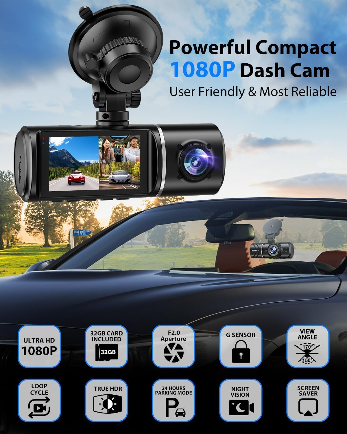 Three-camera dash cam C309, equipped with dual front cameras, an interior camera and a reversing camera - a dash cam for cars. Supports WIFI, loop recording