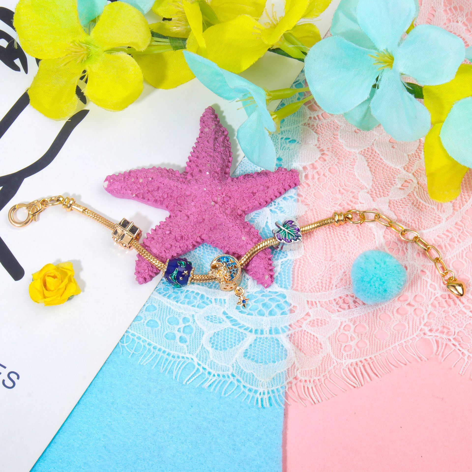 Colorful Leaf Moon Star Pendant Versatile Gold Bracelet(17cm) — image 4