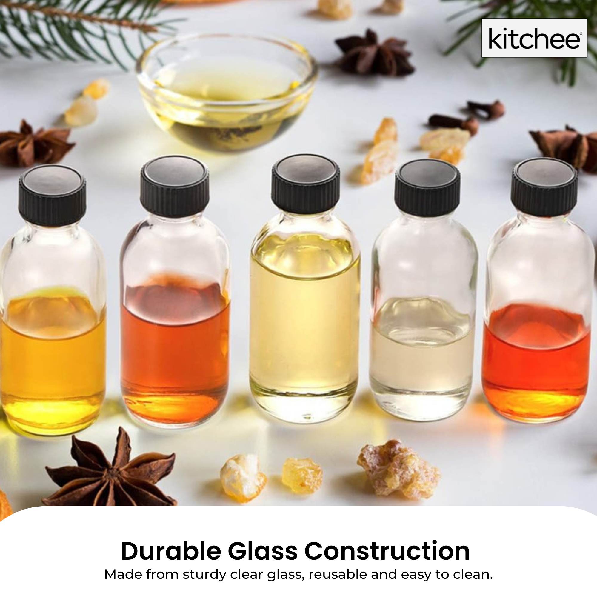 Kitchee 12 × 60ml Small Glass Bottles + Lids Funnels Brush Labels Pen — image 3