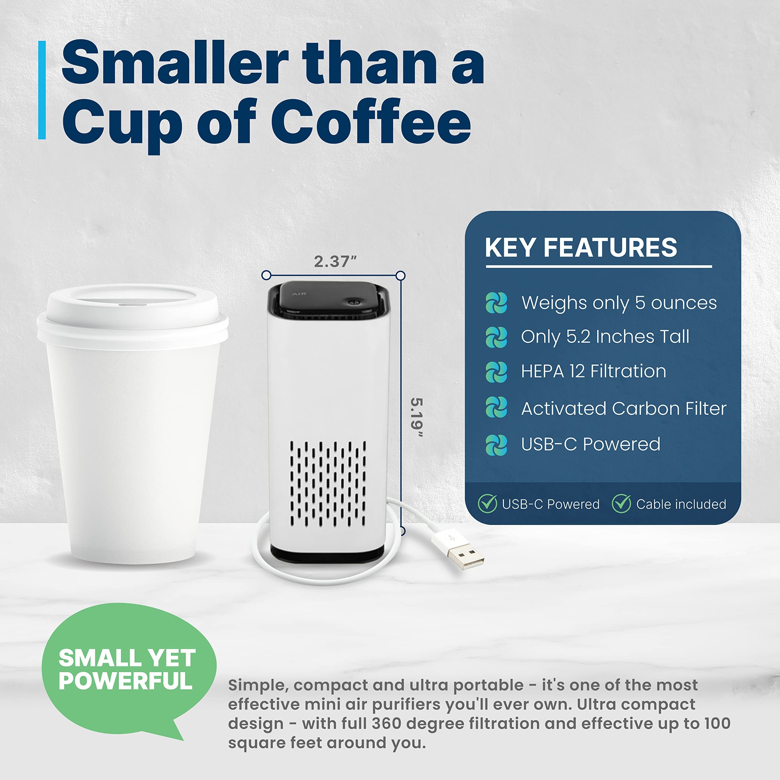 Mini Powered Air Purifier. Ultra Portable (5.2in tall, 6.7 ounces), Ultra Quiet. for Travel, In-Car and Desktop (White) — image 2