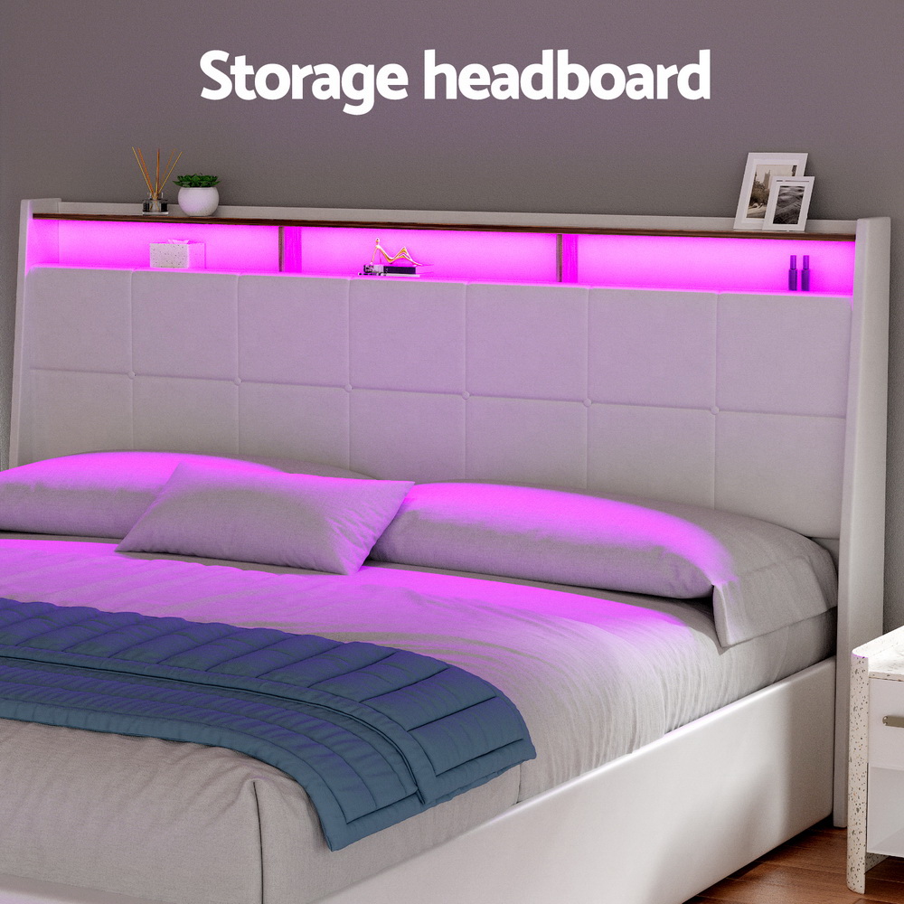 Artiss Bed Frame Gas Lift LED Beds Base Platform White PVC Leather Storage Headboard - King โ image 6