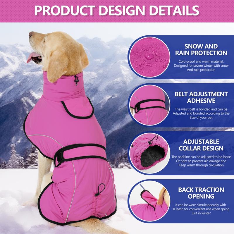 3XL Size Rose Red Winter Waterproof Dog Puffer Vest with Adjustable Neckline / Belt and Leash Access - Reflective Long-Pile Fleece Lined Warm Cloak โ image 2