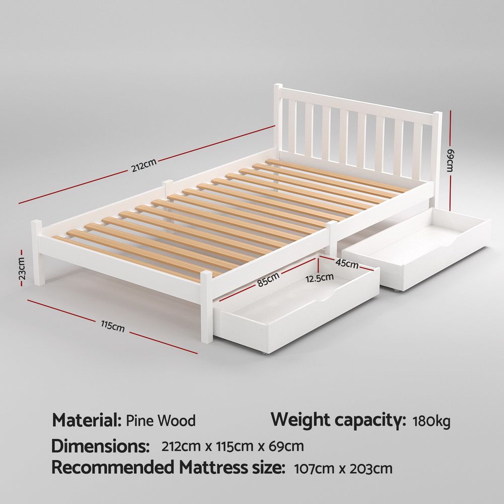 Artiss Bed Frame King Single Size Wooden Platform with 2 Storage Drawers White β image 2