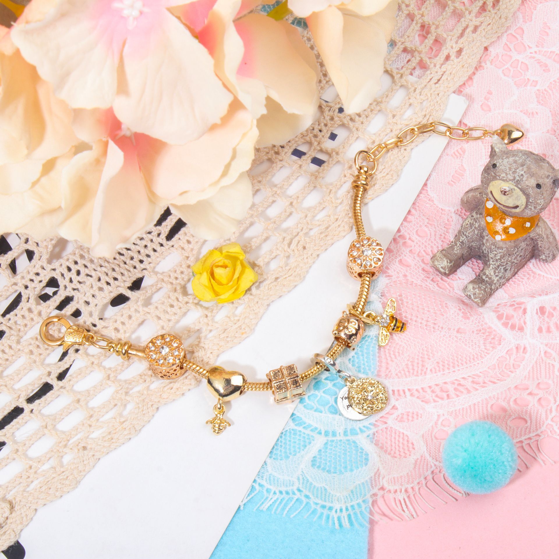 Golden Heart & Bee Charm Bracelet with Rhinestones, Hollow Flower & Gift Box Beads(18cm) โ image 4