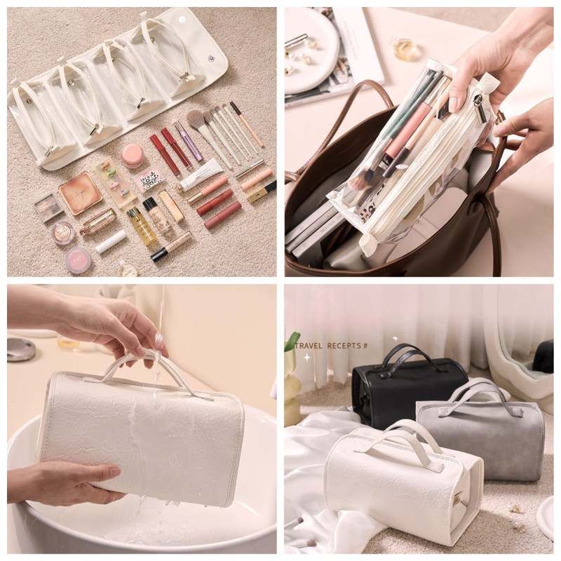 4-in-1 Travel Makeup Bag, Waterproof Foldable Large Capacity Cosmetic Organizer, Hanging Wash Bag—White — image 6