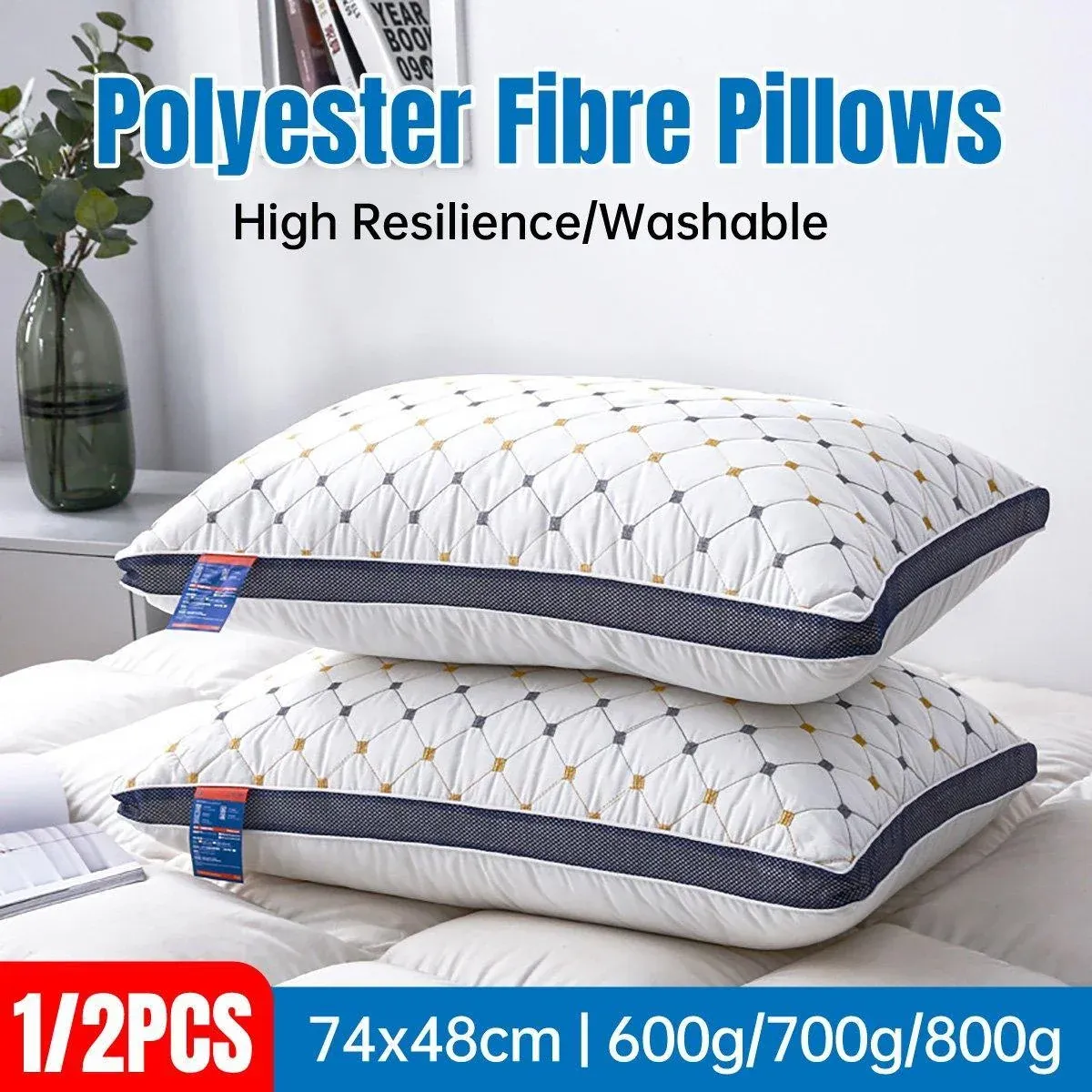 1/2PCS Hotel Style Polyester Fibre Pillow Washable High Rebound Support - 700g — image 2