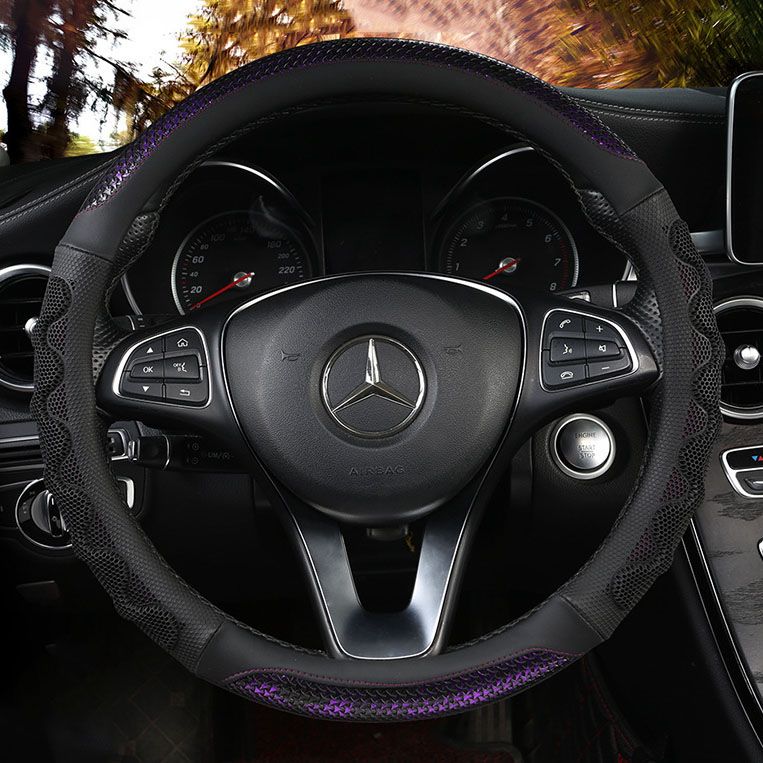 Car Steering Wheel Cover (38cm)- 3D Honeycomb Breathable Mesh - Anti-Slip Sweat-Absorbent Grip for All-Season Driving, Black and Purple โ image 2