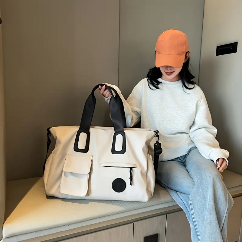 White Large-capacity travel tote bag, lightweight carry-on luggage with shoulder strap, gym bag, portable laptop bag, ideal for short trips, hand-carry style โ image 3