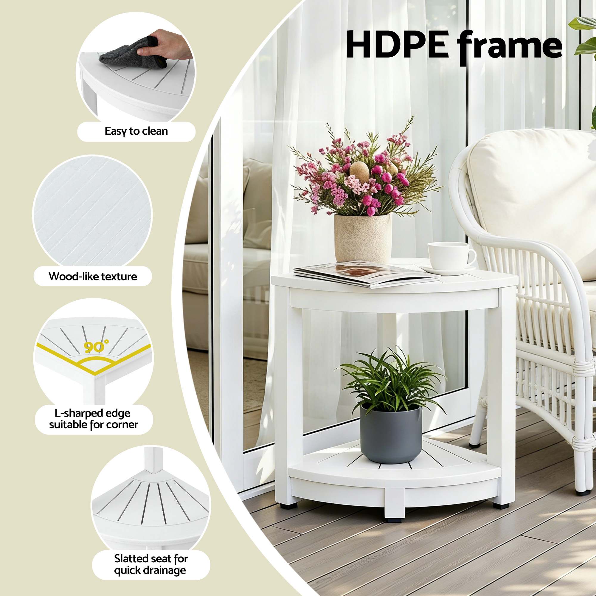 Gardeon Outdoor Coffee Side Table HDPE Desk Corner Shower Stool Bench Seat with Storage Shelf White — image 5