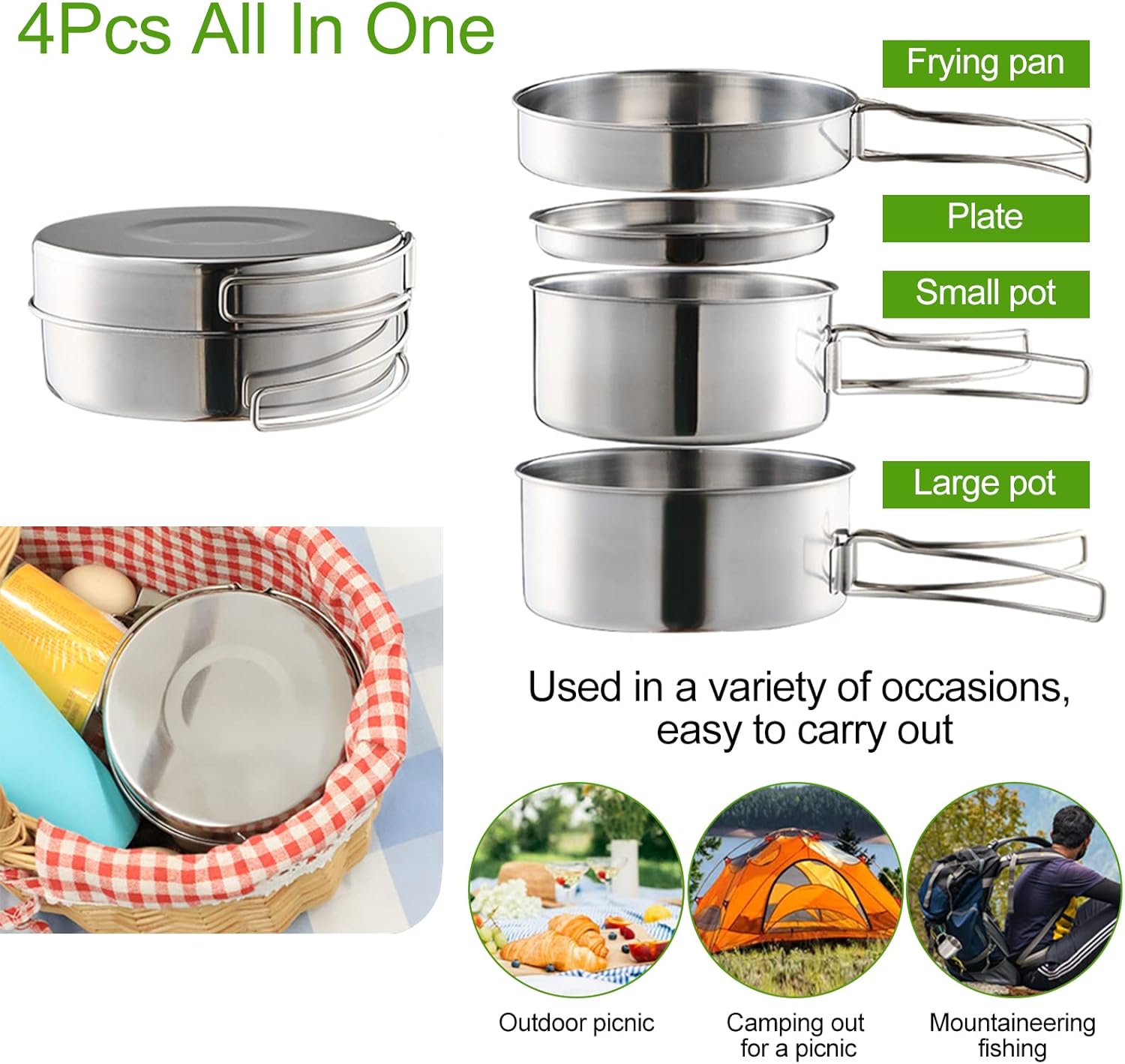 Camping Cookware Set - Multifunctional Portable Stainless Steel Cookware Set - Suitable for 2-3 People - Outdoor Picnic - Set of 4 — image 2