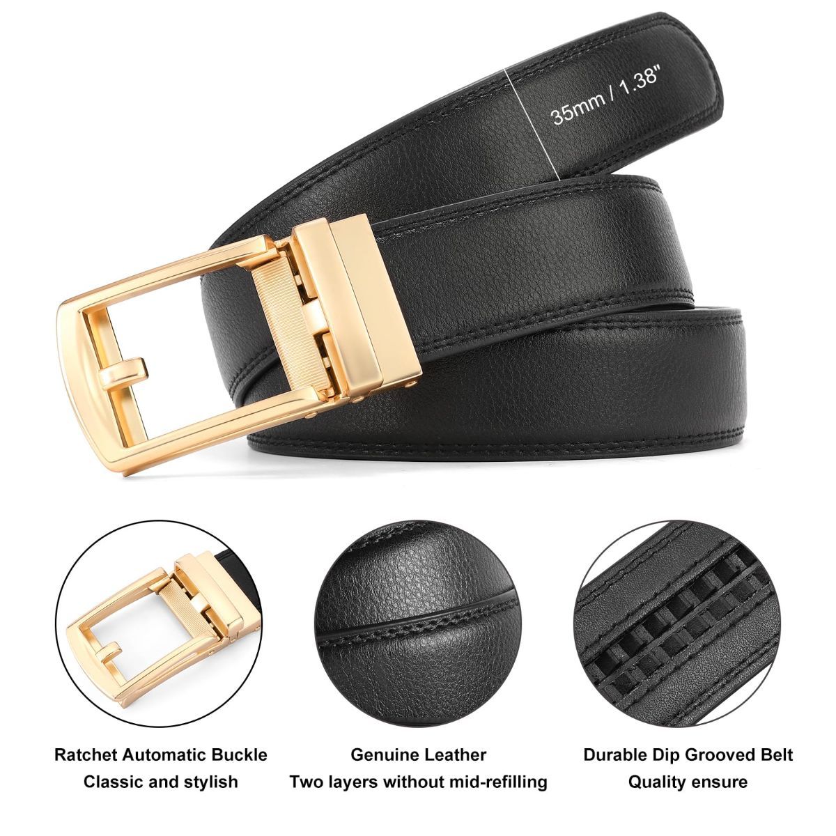 Ratchet Belt for Men Genuine Leather - Micro-Adjust Buckle Trim to Fit Dress Belt Casual to Formal Gift Boxed - Basic Gold - Black - Size 24"-28" Waist — image 4