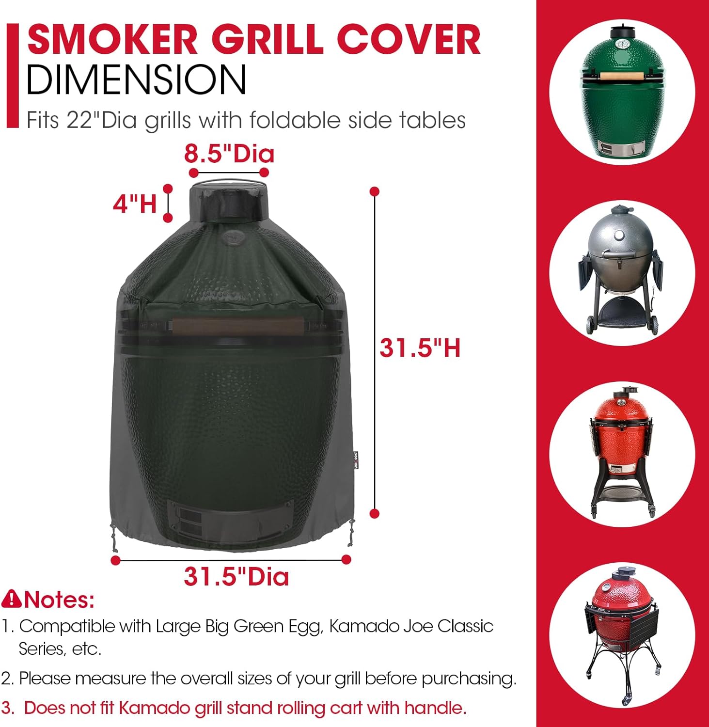 Grill Cover 31.5 Inch, Compatible with Large Big Green Egg, Kamado Joe and Pit Boss Ceramic Grills, Heavy Duty Waterproof BBQ Cover, Fade Resistant Round — image 2