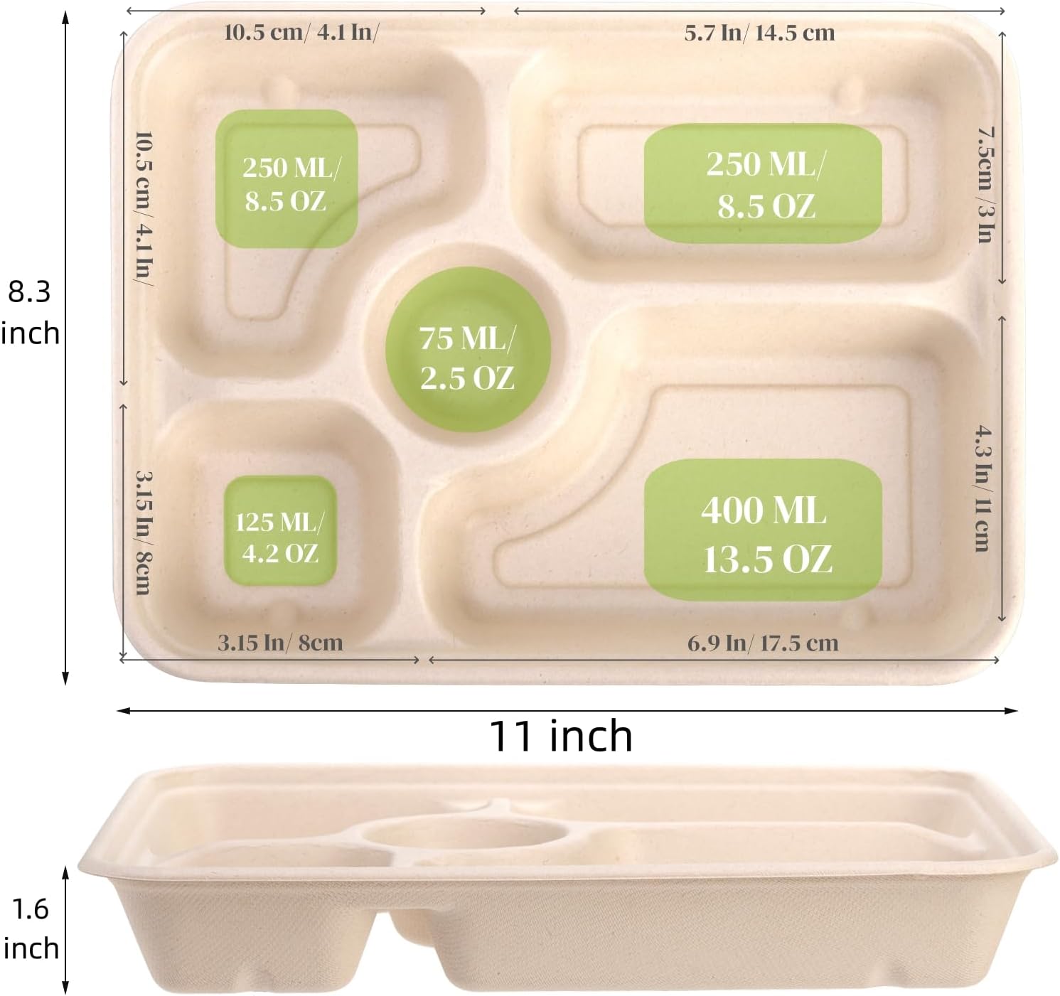 50 Pack 5 Compartment Disposable Paper Plates, 11" x 8" Compostable Bagasse School Lunch Tray, Heavy-Duty Sectional Sugarcane Plate, Divided Platter Tray for — image 2
