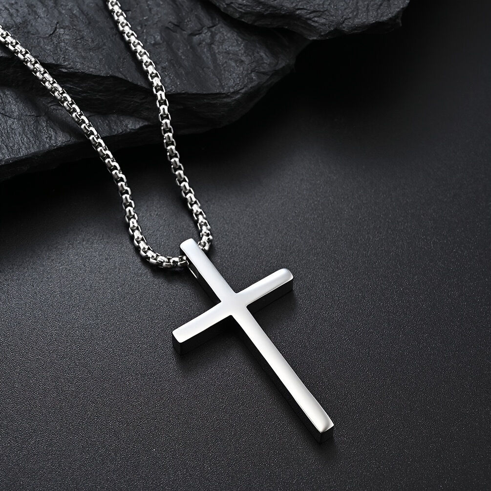 Titanium Steel Silver Men's Necklace, minimalist design, suitable for both men and women. Cross pendant style, religious-themed jewelry, showcasing unique — image 3