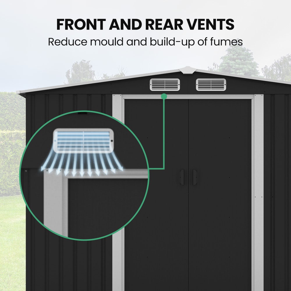 PLANTCRAFT Galvanised Steel Garden Shed 2.58 x 2.07 x 2.02m, with 2 Sliding Doors, 4 Air Vents, Gable Roof, Floor Frame, Black โ image 4