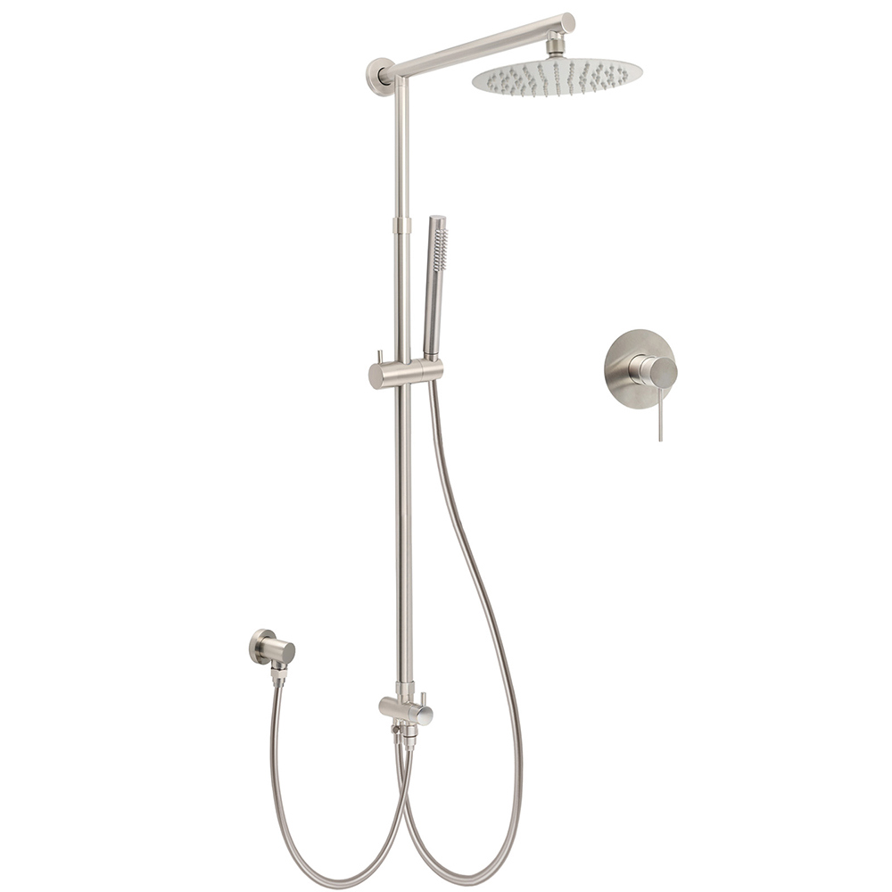 Brushed Nickel Round 8" Rain Head Shower 1 Mode Handheld Sliding Rail Arm Mixer 2in1 Set