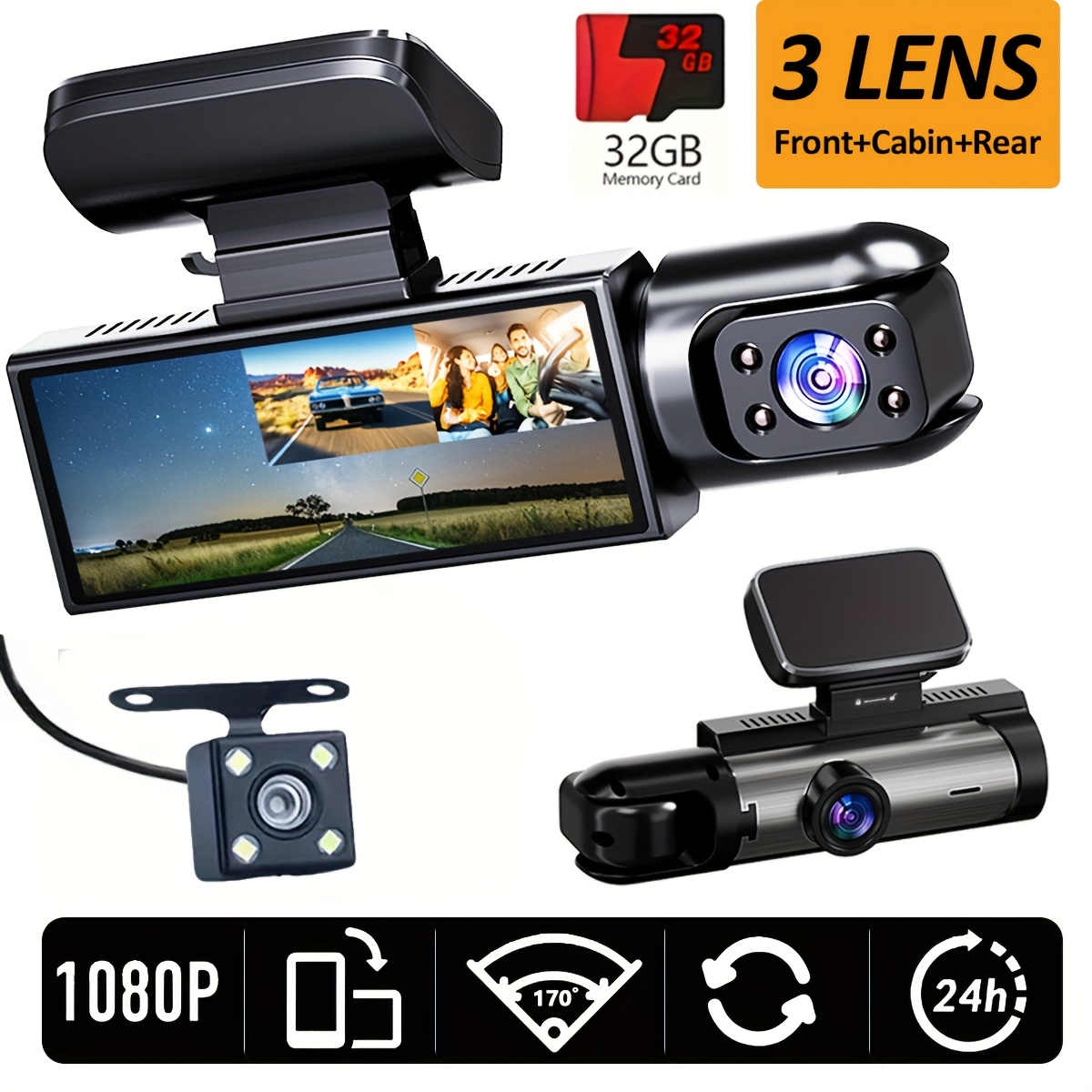 Super Memory Triple Cam Dash Cam! 32GB storage + 1080P HD triple lens, 170° panoramic coverage of front, cabin, and rear, 24/7 protection for your safe journey