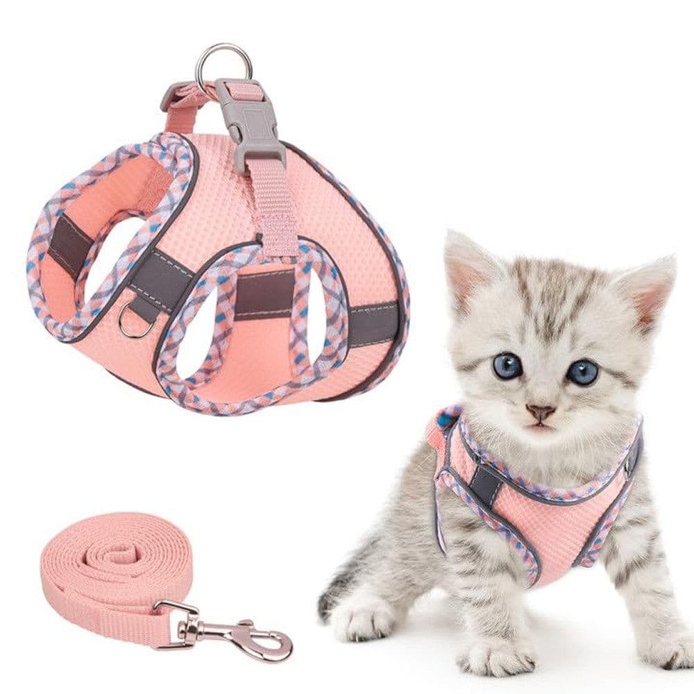Adjustable Dog and Cat Harness with Leash Reflective Soft Secure Fit, L, Pink