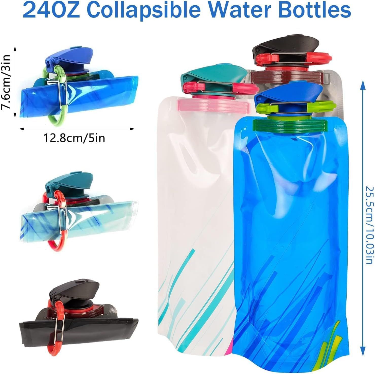 4 Pack Collapsible Water Bottles for Travel – 24oz Foldable Water Bottle with Leakproof Lid, Food-Grade Silicone Portable Reusable BPA-Free Water Bottle for — image 5