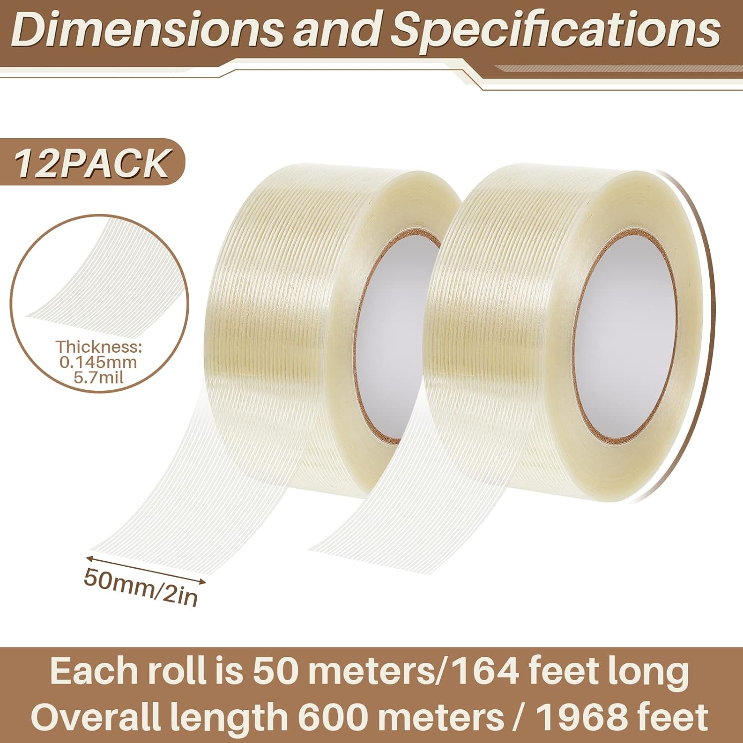 12 Rolls Filament Strapping Tape 5.7 Mil Heavy Duty Transparent Reinforced Fiberglass for Packaging Sealing Binding Fixing Supplies(2 Inch x 55 Yard) 2 Yard — image 2