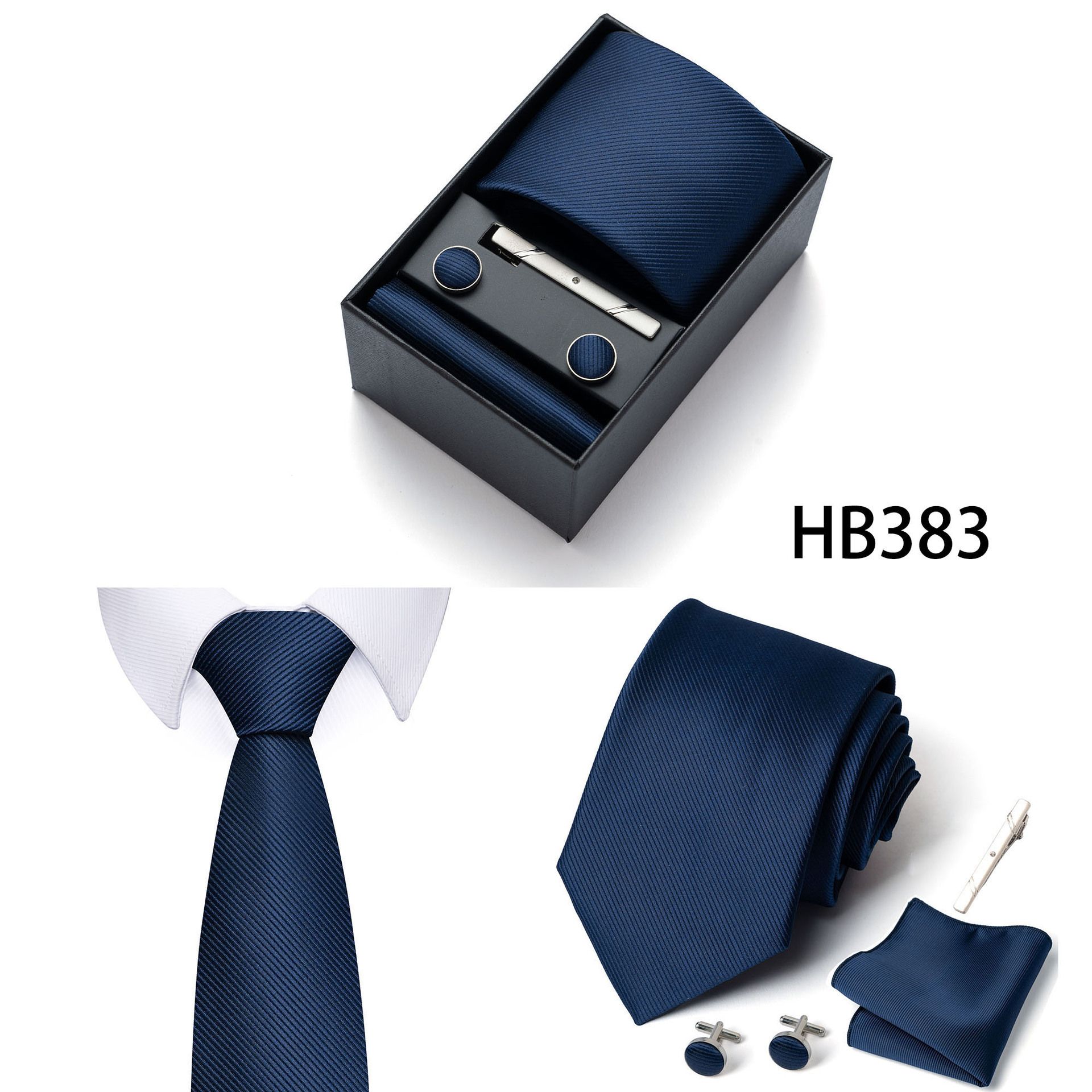 HB383 Dark Blue Premium Men's 4-Piece Formal Tie Set - Necktie, Pocket Square, Cufflinks, and Tie Clip in a Luxury Gift Box — image 2