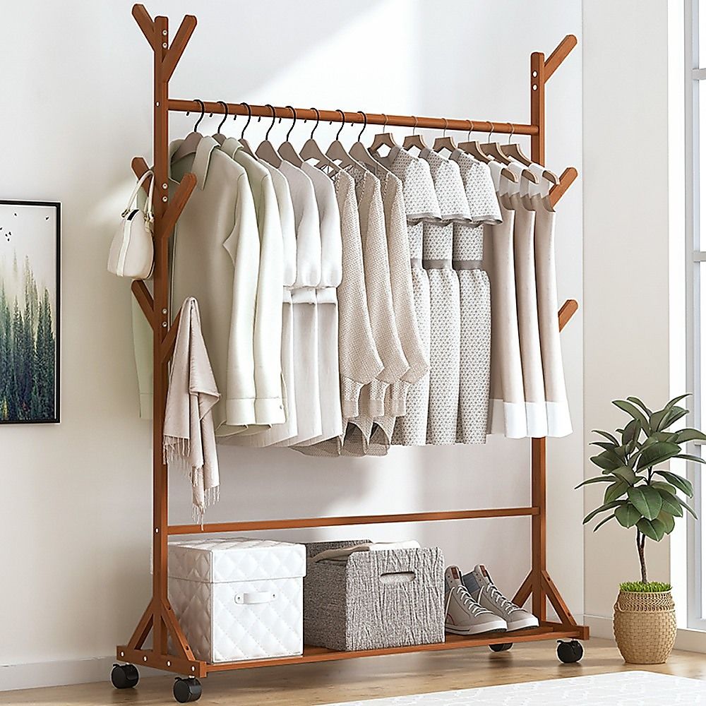 Portable Clothes Rack Coat Garment Stand Bamboo Rail Hanger Airer Closet โ image 4