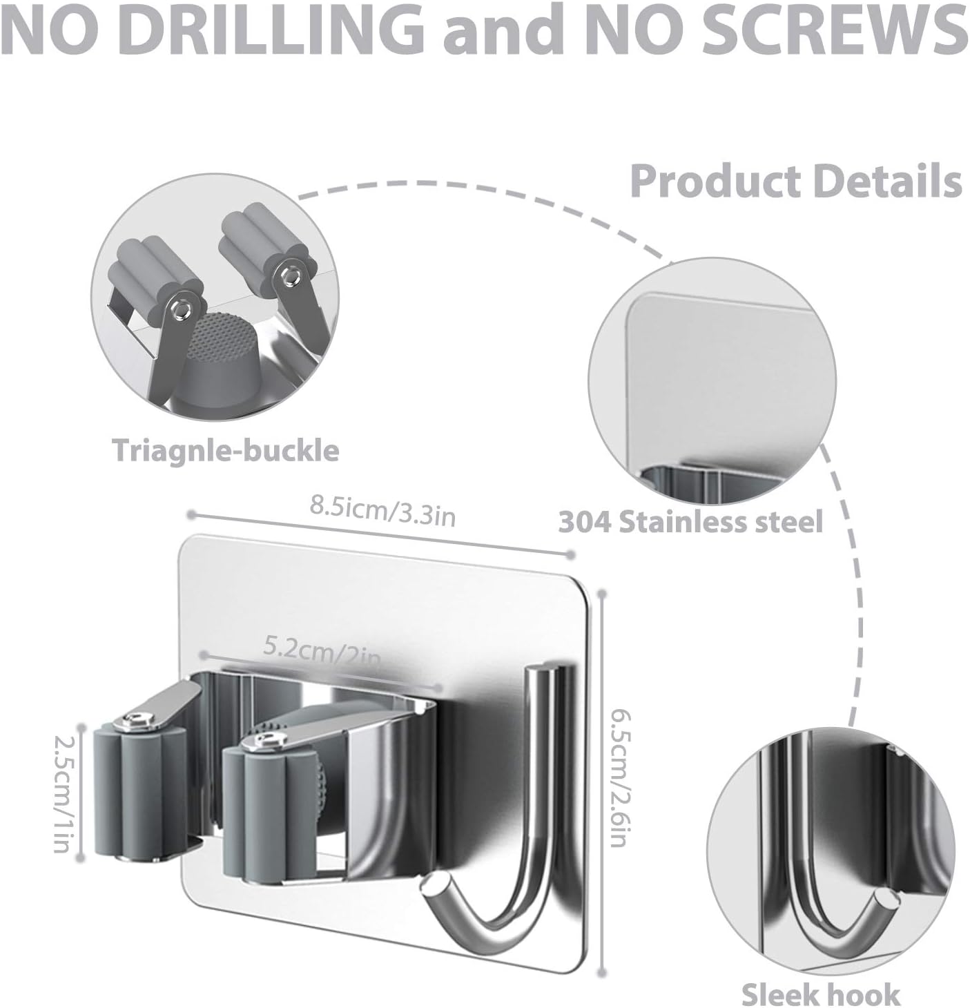 Mop Broom Holder No Drill, Mop Broom Organizer Wall Mounted Heavy Duty with Hooks Hanger, Self Adhesive Stainless Steel 4Pcs for Bathroom, Kitchen, Office โ image 4