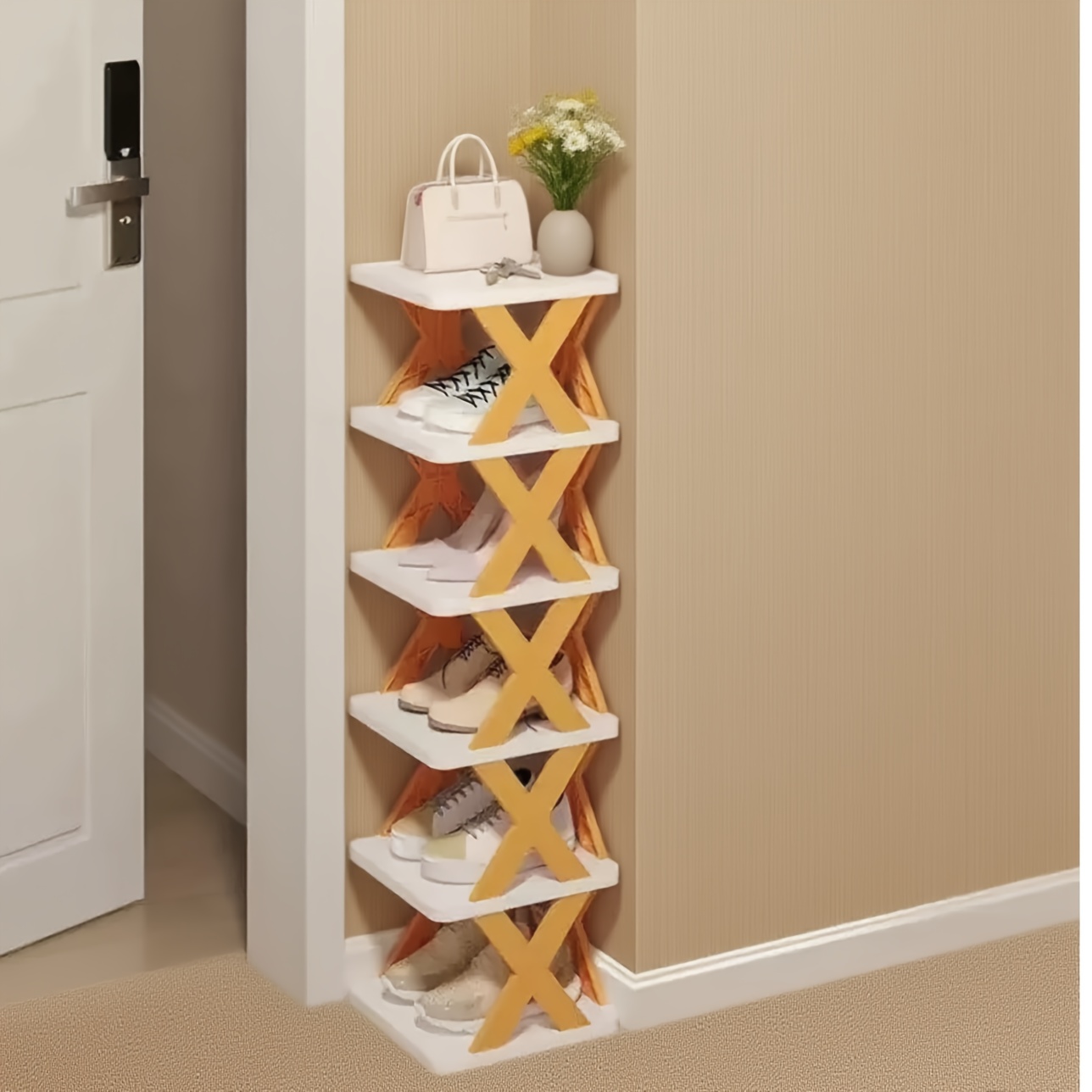 6-Tier Foldable White/Orange Shoe Rack, space-saving vertical design for entry halls, living rooms, bedrooms, closets, balconies—an essential organizing