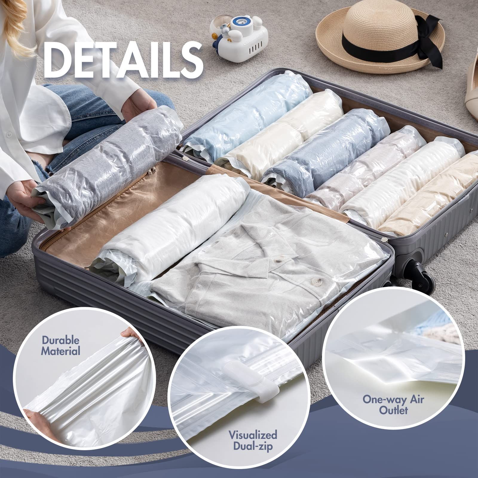 10pc Travel Compression Bags, Roll Up Space Saver Bags, No Vacuum Needed Reusable Packing Bags for Luggage, Suitcase — image 3