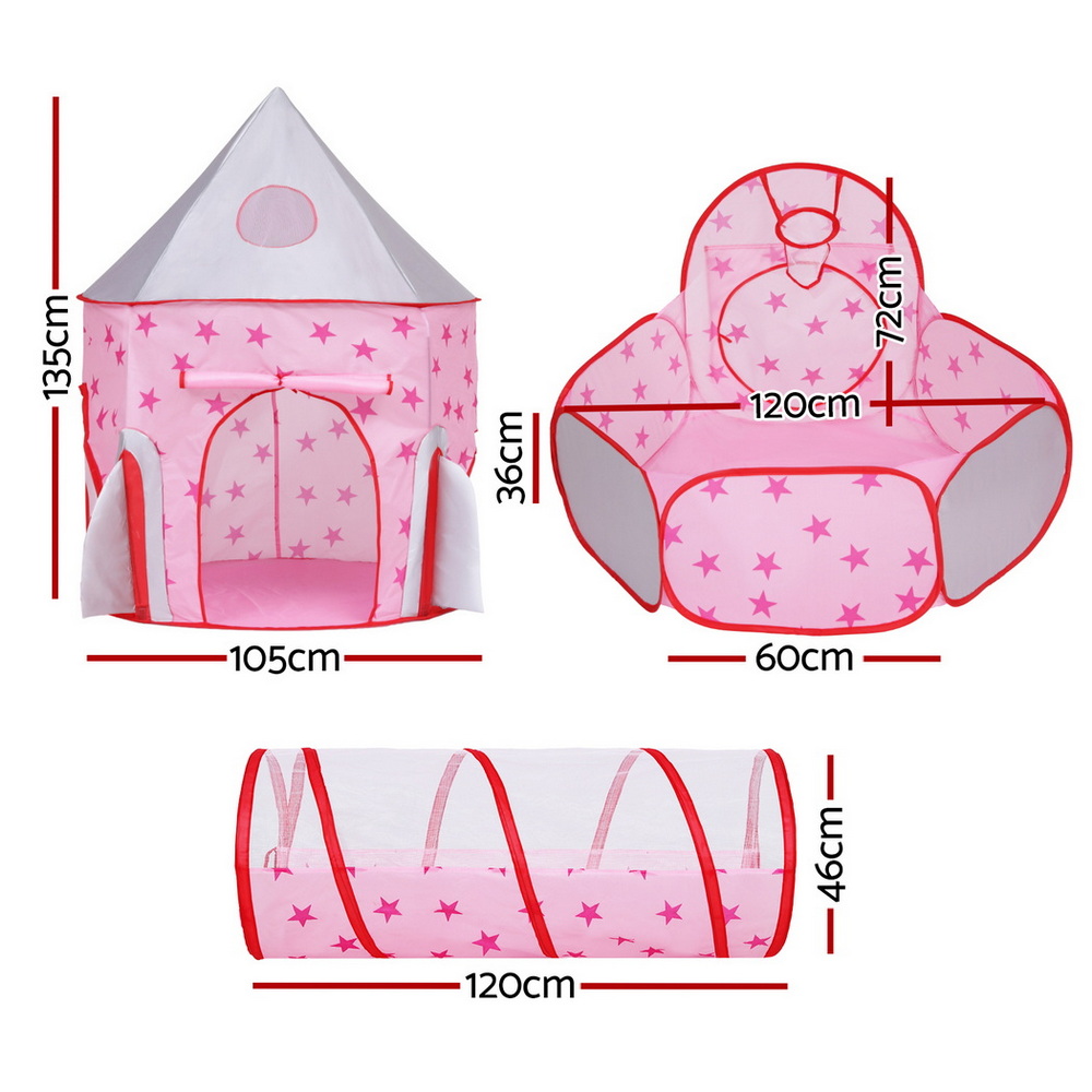 Keezi Kids Playhouse Play Tent Pop Up Castle Crawl Tunnel Basketball Hoop Pink โ image 2