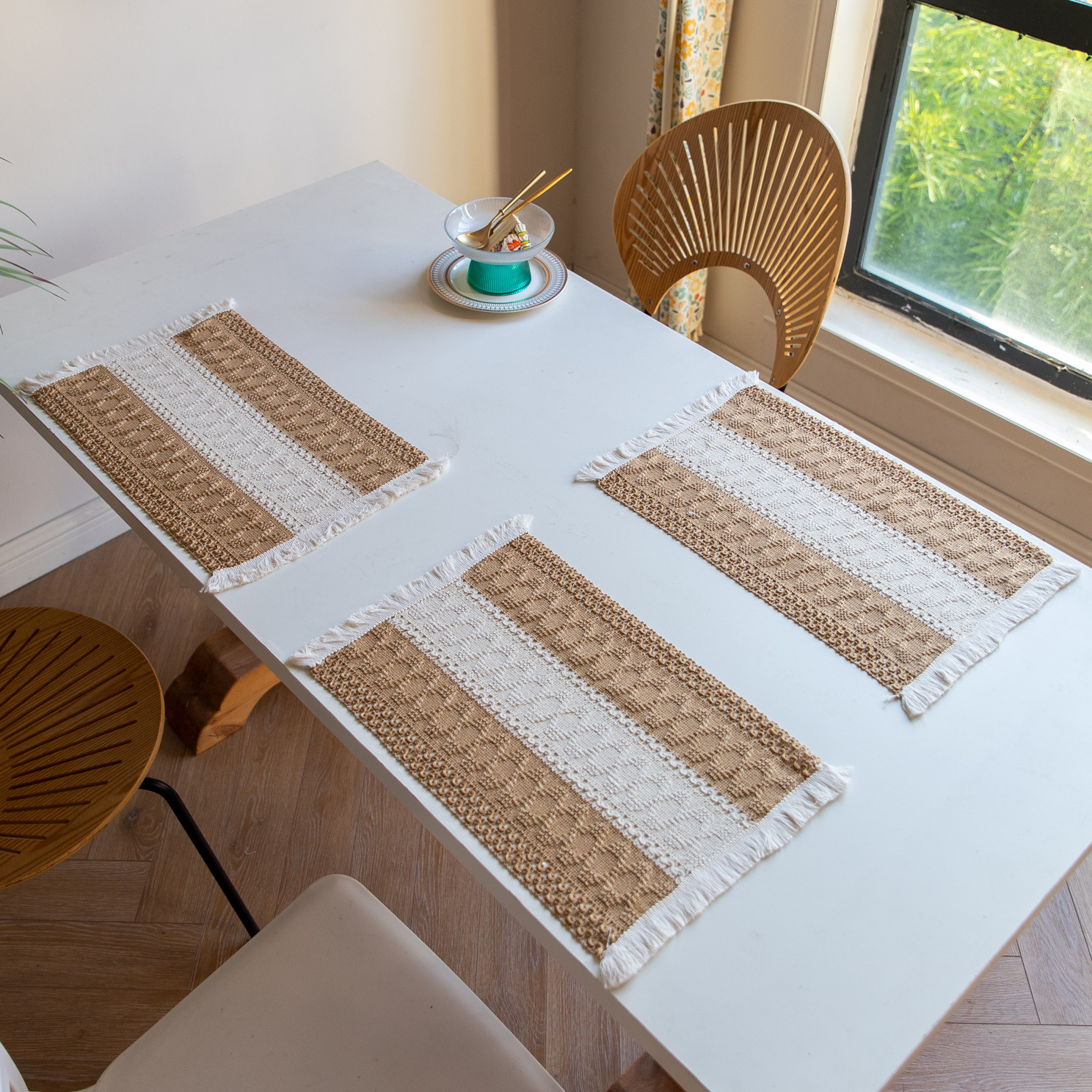 White-Green Bohemian Woven Table Runner with Tassels(30X183CM) - Wrinkle-Resistant Striped Table Scarf for Wedding, Holiday & Outdoor Party — image 5
