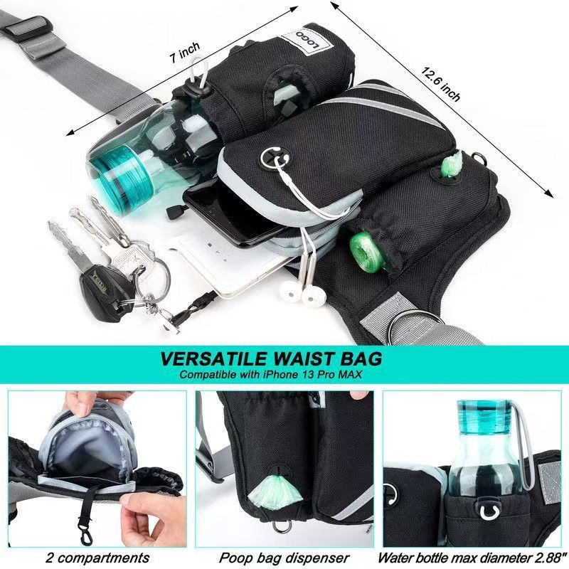 Hands-Free Dual Dog Leash Waist Pack for Running, Walking, and Hiking – Adjustable Oxford Belt with Reflective Strips, Shock-Absorbing Bungee Leashes, 360° — image 2