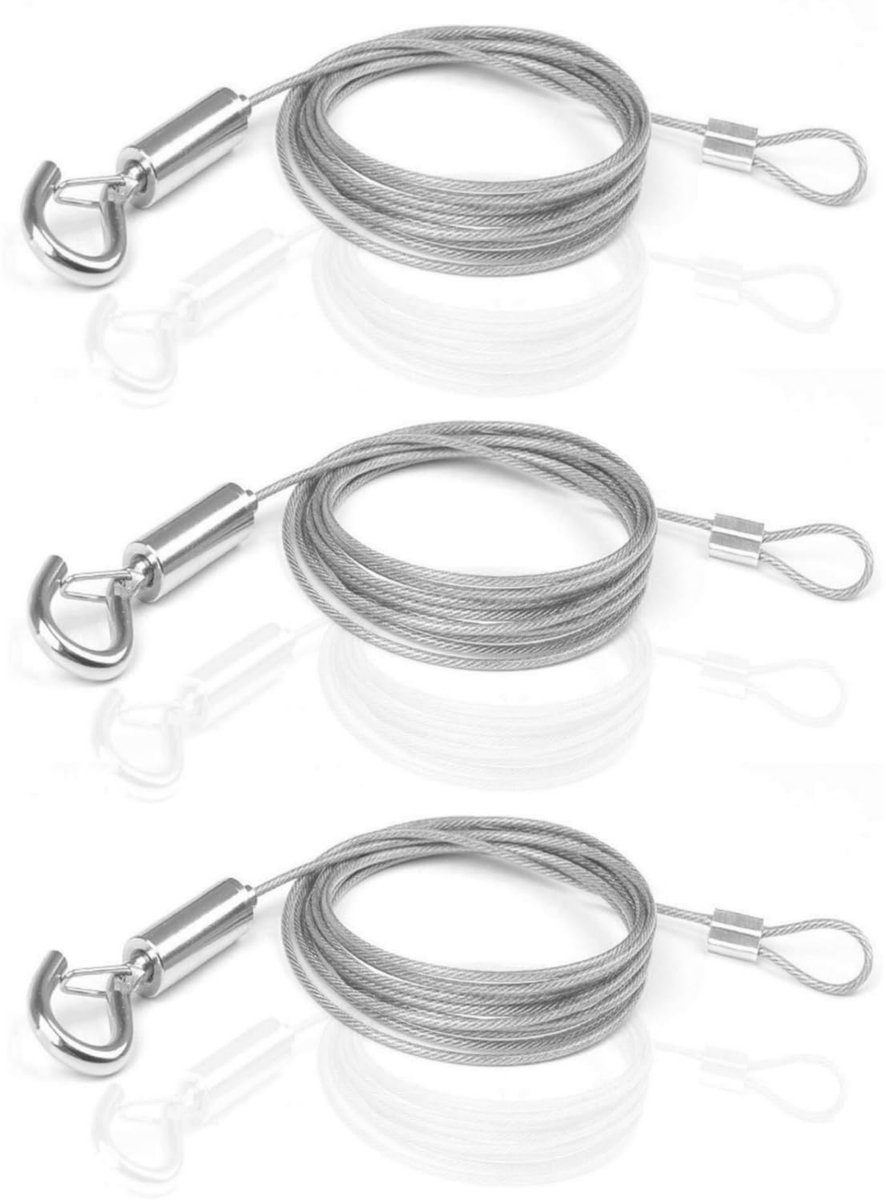 Steel Cable - 3 Pieces - Stainless Steel Single Hook - 2m*1.5mm - Durable - Outdoor and Indoor - Flexible and Durable - For Tent Rope, Clotheslines &