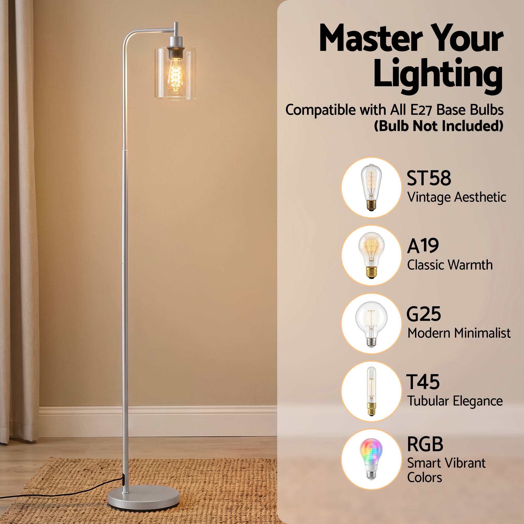 Artiss Floor Lamp Modern Industrial Standing Light with Clear Glass Shade, Silver Metal Tall Lamp for Living Room, Bedroom & Office, Anti-Tipping Weighted Base โ image 4