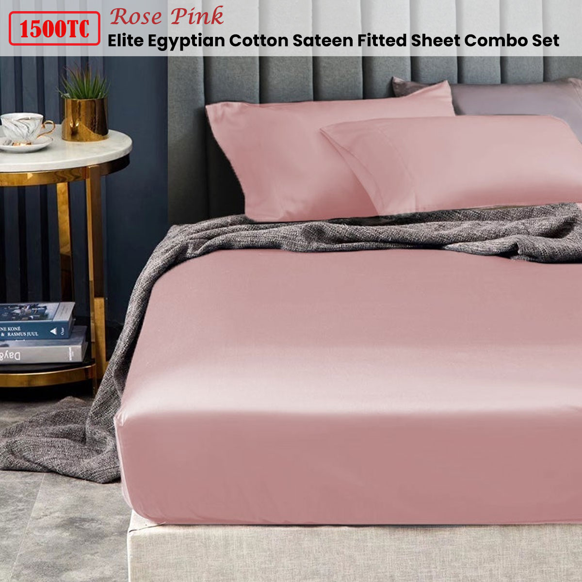Ramesses 1500TC Elite Egyptian Cotton Sateen Fitted Sheet Combo Set Rose Pink King Single — image 2
